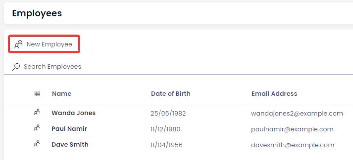 A screenshot demonstrating how to create a new item in a data table. This screenshot is annotated with a red box. Inside the red box are the words &quot;New Employee&quot; with an icon of two people. The rest of the image is a sample table that contains employee information, such as their Name, Date of Birth, and Email Addresses.